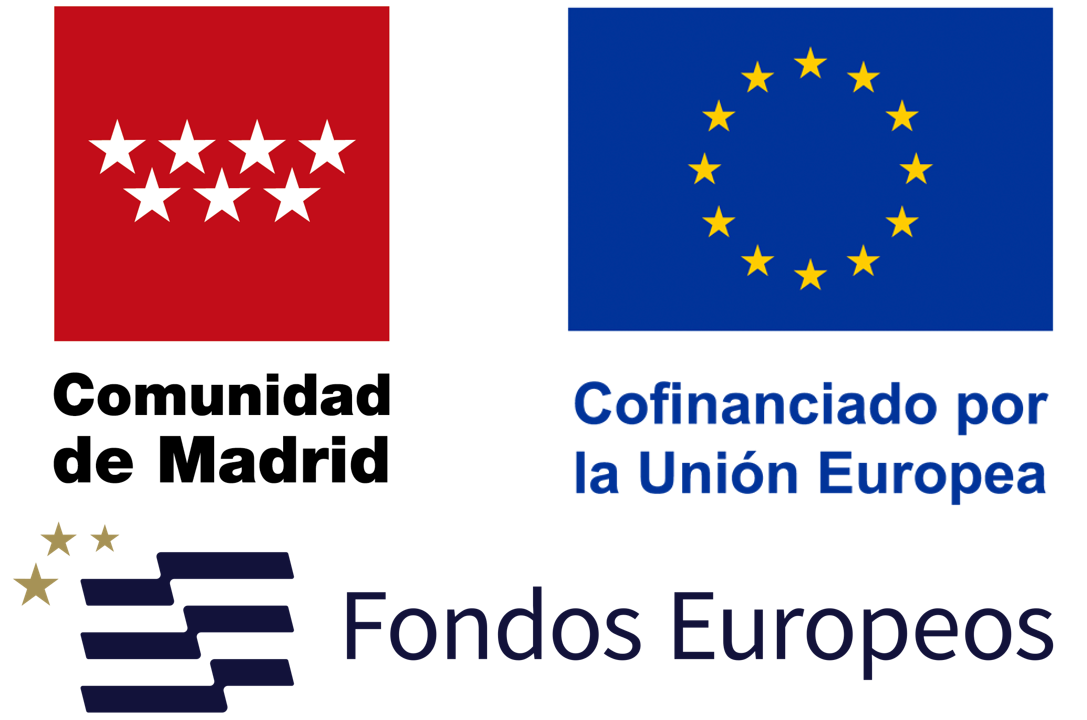 Logotipos de la comunidad de madrid, el Confinanciado por la unión europea y el logotipo de los fondos europeos