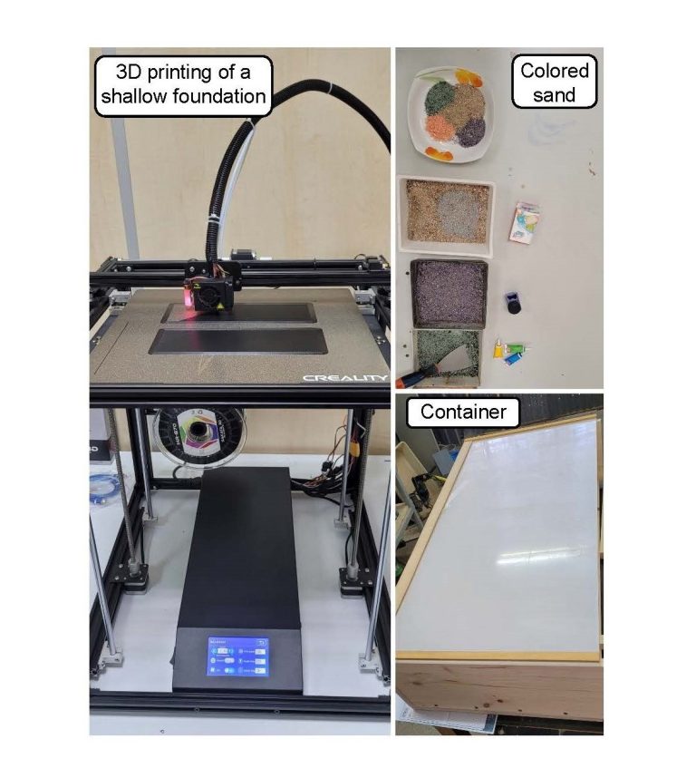 Preparing Test Materials. Left: 3D printing of a shallow foundation, upper-right: colored sand, lower-right: container