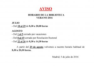 Horario vacaciones de Verano