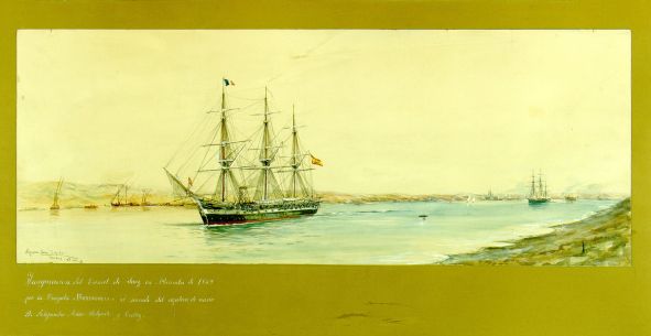 Cartel exposición: La ingeniería española y el Canal de Suez. El paso de la primera fragata española por el canal. (1869)