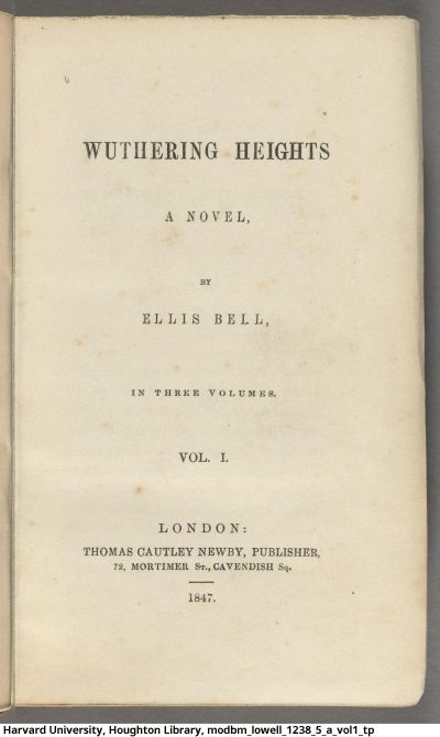 Portada del primer volumen de los tres que integran la primera edición de ‘Cumbres borrascosas’. Fuente: Houghton Library (Harvard University).