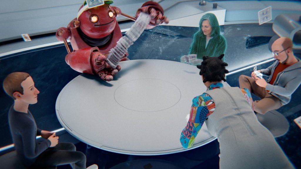 5 avatares en una mesa haciendo una reunión en el metaverso de Meta.