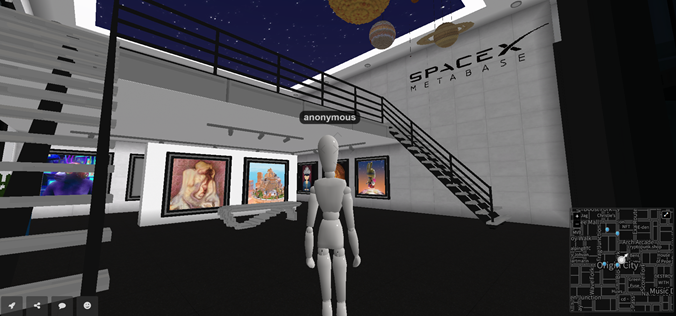 Una galería de arte llena de cuadros y un letrero que dice: spaceX Metabase.