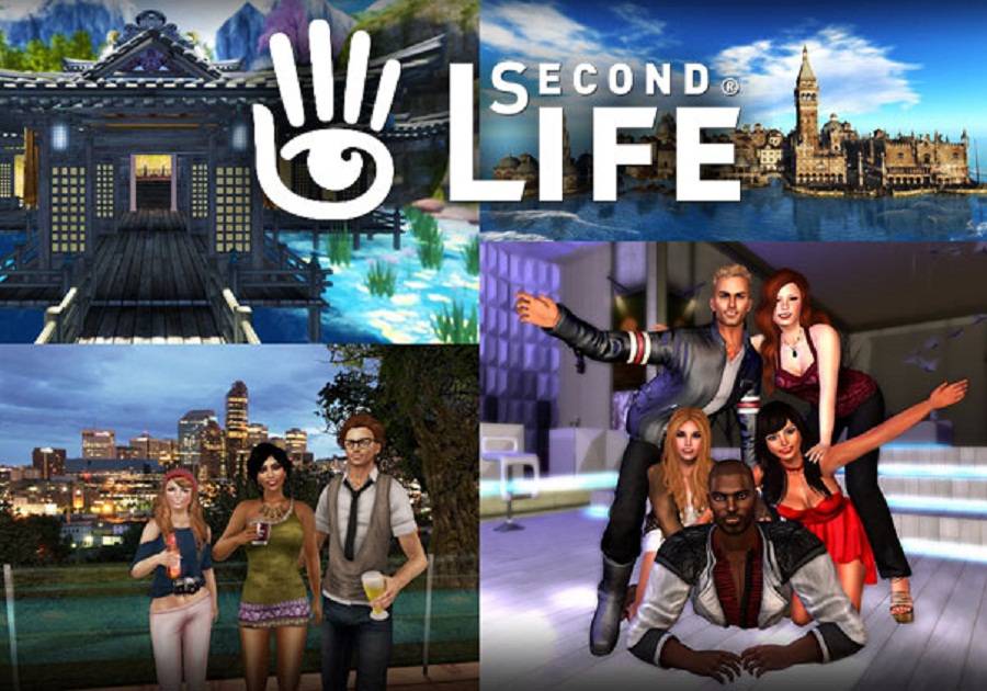 Collage de imágenes, en el centro el logotipo de Second Life, arriba a la izquierda un edificio de estilo oriental, arriba a la derecha una ciudad medieval, abajo a la izquierda 3 avatares con una ciudad de fondo y abajo a la derecha 5 avatares en una discoteca.