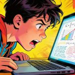 un estudiante mira la pantalla de su portátil con cara confusa al ver un complejo texto, gráficas y fórmulas.