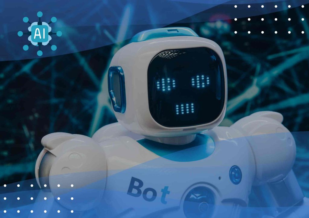 Cabeza y medio cuerpo de robot blanco en fondo azul. Es ilustrativa.