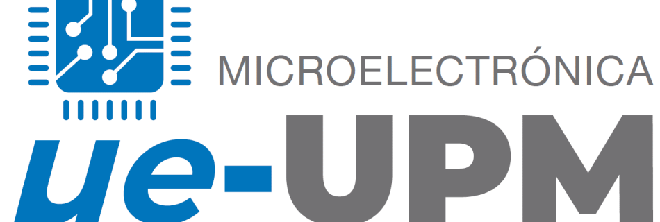 Microchip azul arriba a la iquierda. Texto Microelectrónica UE-UPM