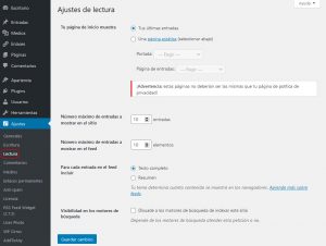 configuración de los ajustes lectura del blog como la página de inicio, página de entradas, etc.