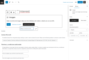 Página para editar una entrada o página con el bloque de imagen desde donde insertamos la dirección de la imagen en el botón de incluir sobre una url