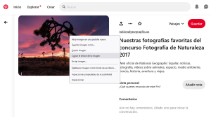 Captura de la página de una imagen en Pinterest donde aparece el menú al dar clic derecho sobre la imagen para pulsar sobre la opción de copiar dirección de la imagen