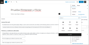 Opciones de bloque para añadir una imagen directamente desde las aplicaciones de flickr y pinterest